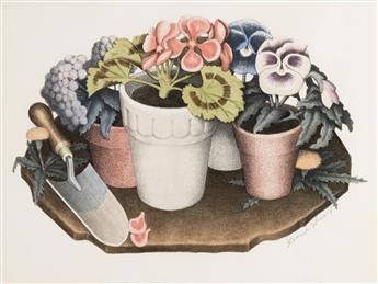 GRANT WOOD Three lithographs with hand coloring in watercolor.